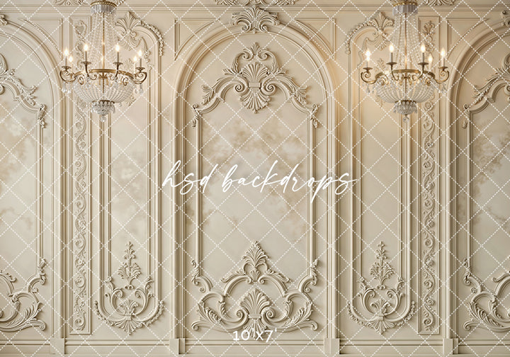 Regal Parisian Chandeliers Photography Backdrop – Elegant Ornate Wall Design | HSD Backdrops (Flipped)