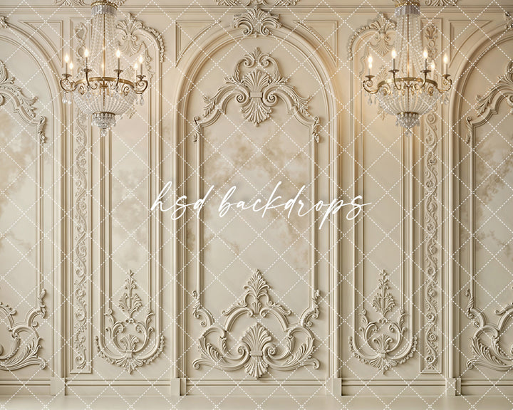 Regal Parisian Chandeliers Photography Backdrop – Elegant Ornate Wall Design | HSD Backdrops (Flipped)