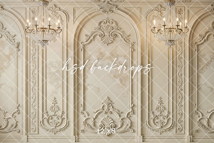 Regal Parisian Chandeliers Photography Backdrop – Elegant Ornate Wall Design | HSD Backdrops (Flipped)