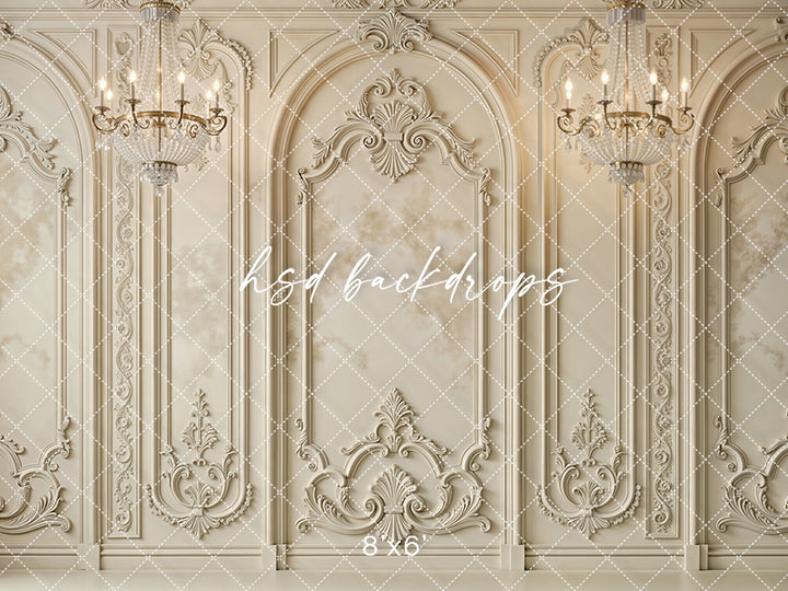 Regal Parisian Chandeliers Photography Backdrop – Elegant Ornate Wall Design | HSD Backdrops (Flipped)