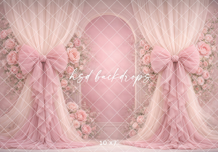 Blush Pink Rose Bow Photography Backdrop – Romantic Floral Arch Portrait Design | HSD Backdrops
