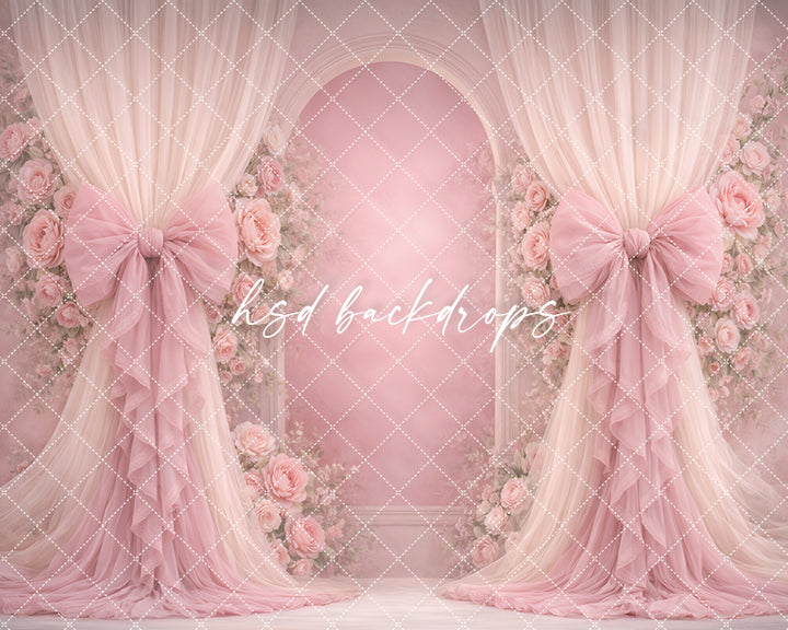 Blush Pink Rose Bow Photography Backdrop – Romantic Floral Arch Portrait Design | HSD Backdrops
