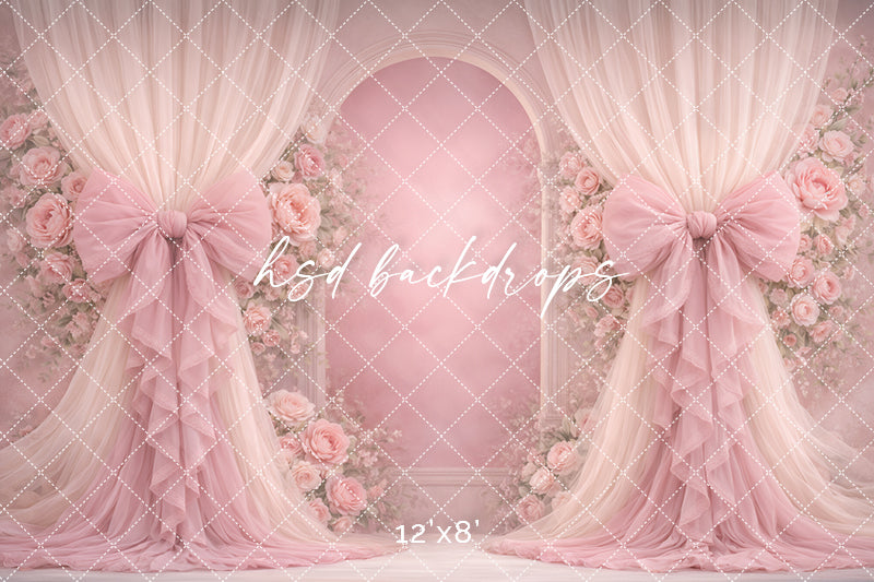 Blush Pink Rose Bow Photography Backdrop – Romantic Floral Arch Portrait Design | HSD Backdrops