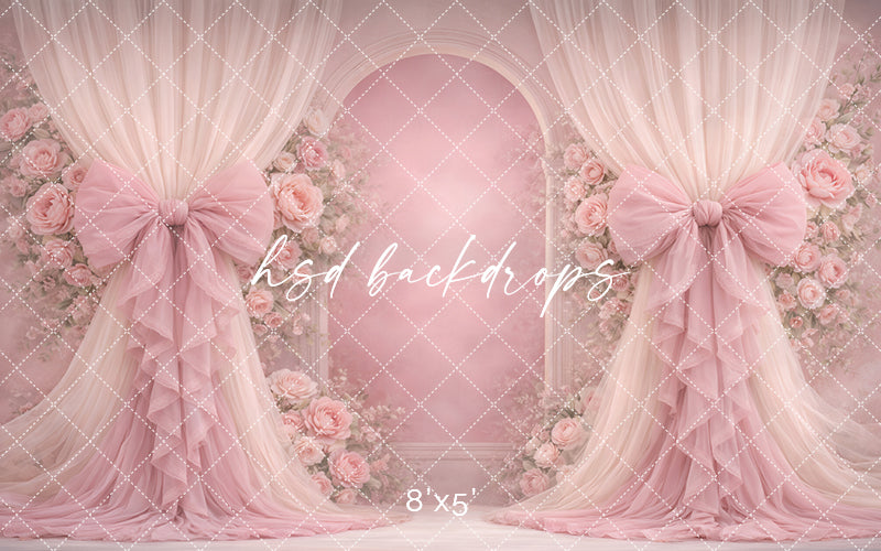 Blush Pink Rose Bow Photography Backdrop – Romantic Floral Arch Portrait Design | HSD Backdrops
