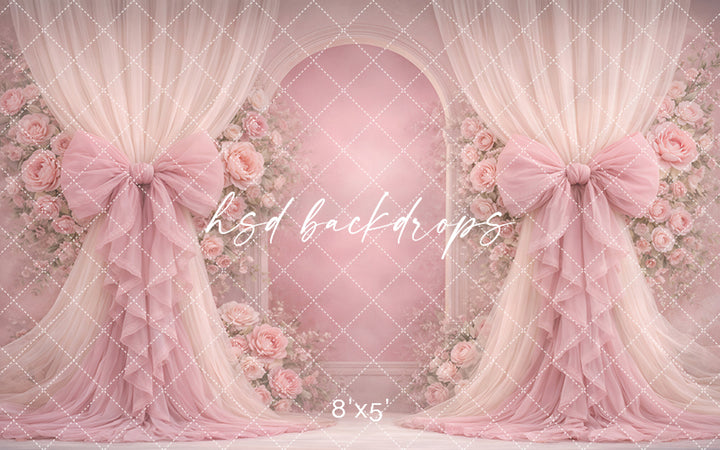 Blush Pink Rose Bow Photography Backdrop – Romantic Floral Arch Portrait Design | HSD Backdrops