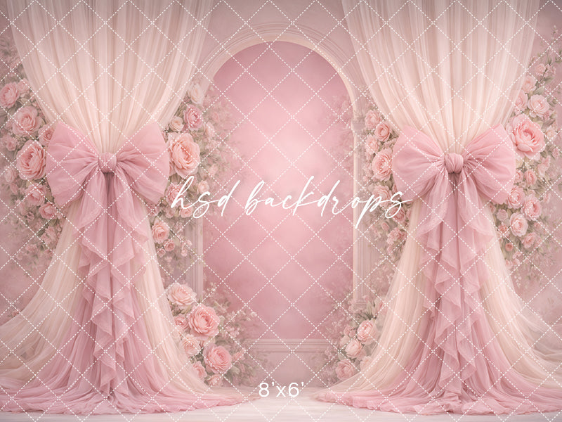 Blush Pink Rose Bow Photography Backdrop – Romantic Floral Arch Portrait Design | HSD Backdrops