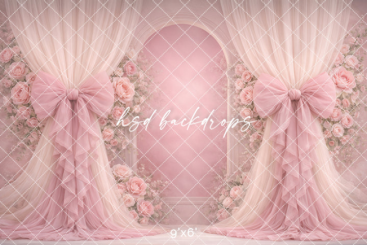 Blush Pink Rose Bow Photography Backdrop – Romantic Floral Arch Portrait Design | HSD Backdrops