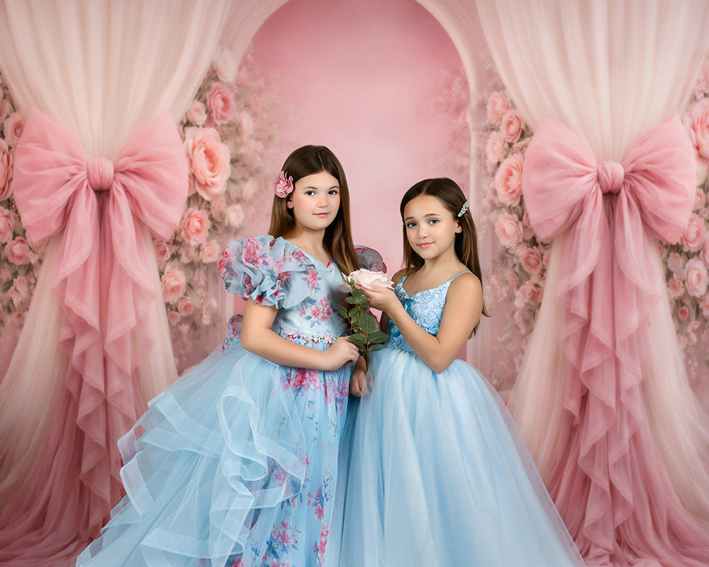 Blush Pink Rose Bow Photography Backdrop – Romantic Floral Arch Portrait Design | HSD Backdrops
