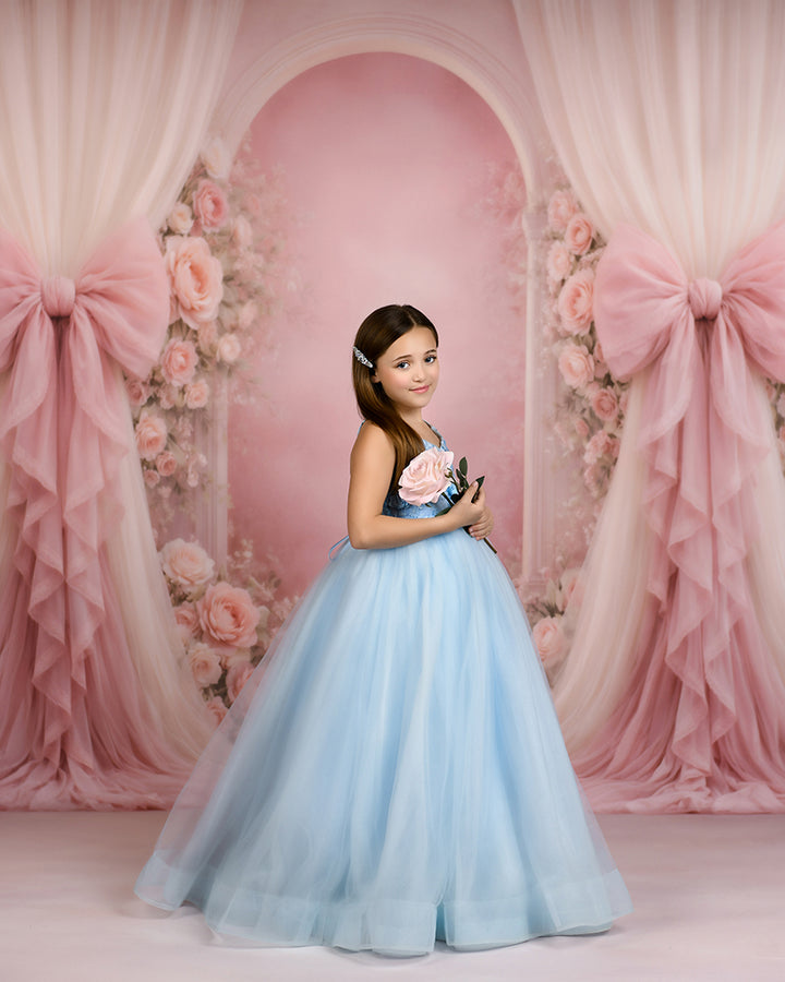 Blush Pink Rose Bow Photography Backdrop – Romantic Floral Arch Portrait Design | HSD Backdrops