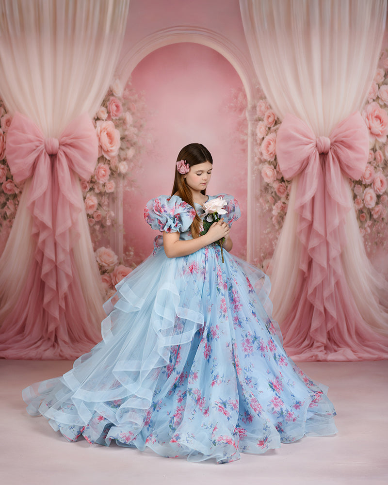 Blush Pink Rose Bow Photography Backdrop – Romantic Floral Arch Portrait Design | HSD Backdrops