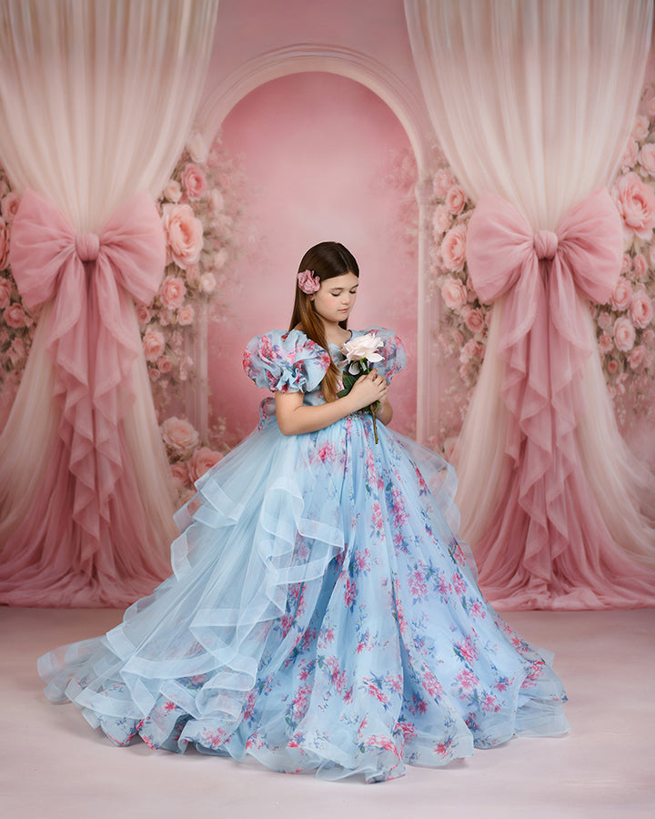 Blush Pink Rose Bow Photography Backdrop – Romantic Floral Arch Portrait Design | HSD Backdrops