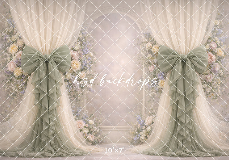 Soft Sage Rose Bow Photography Backdrop – Elegant Floral Arch Portrait Design | HSD Backdrops
