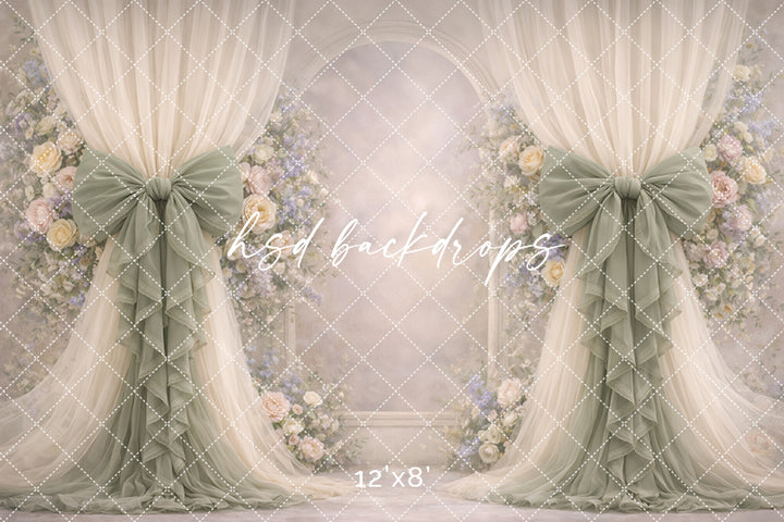 Soft Sage Rose Bow Photography Backdrop – Elegant Floral Arch Portrait Design | HSD Backdrops
