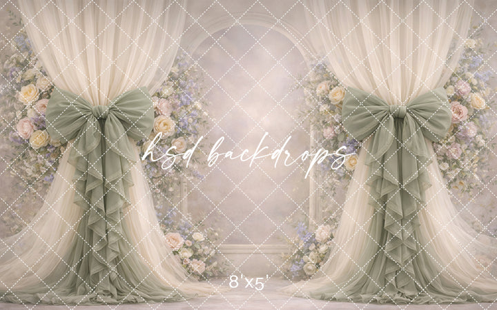 Soft Sage Rose Bow Photography Backdrop – Elegant Floral Arch Portrait Design | HSD Backdrops