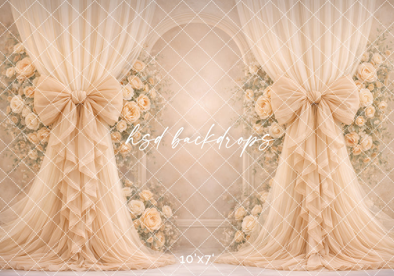 Champagne Rose Bow Photography Backdrop – Elegant Neutral Floral Arch Portrait Design | HSD Backdrops