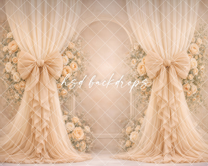 Champagne Rose Bow Photography Backdrop – Elegant Neutral Floral Arch Portrait Design | HSD Backdrops