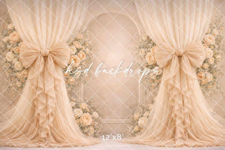 Champagne Rose Bow Photography Backdrop – Elegant Neutral Floral Arch Portrait Design | HSD Backdrops