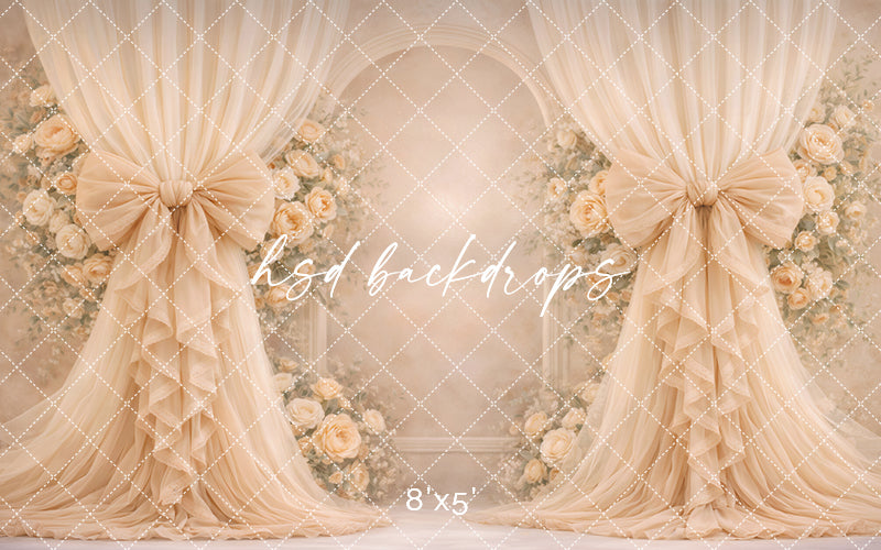 Champagne Rose Bow Photography Backdrop – Elegant Neutral Floral Arch Portrait Design | HSD Backdrops