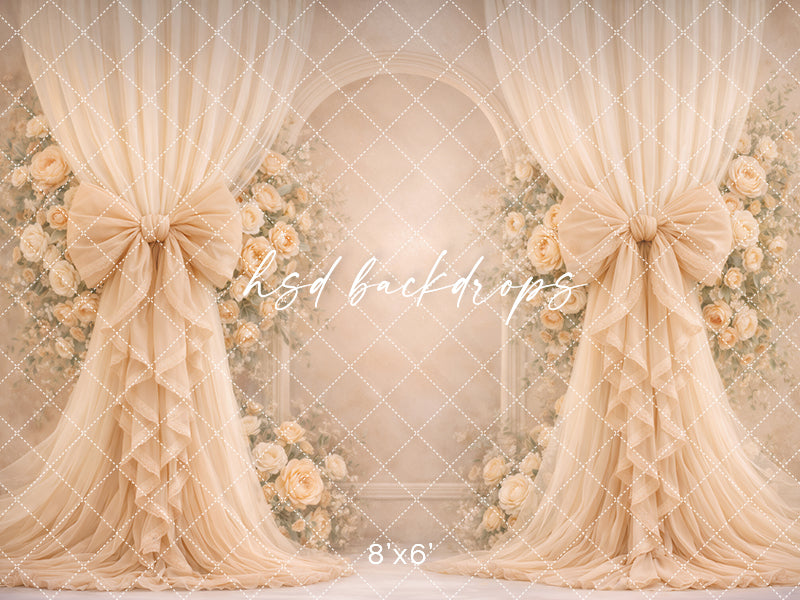 Champagne Rose Bow Photography Backdrop – Elegant Neutral Floral Arch Portrait Design | HSD Backdrops