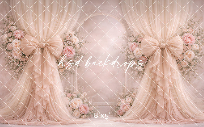 Dusty Blush Rose Bow Photography Backdrop – Romantic Neutral Floral Arch Portrait Design | HSD Backdrops