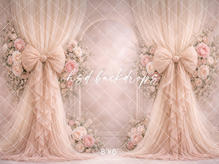Dusty Blush Rose Bow Photography Backdrop – Romantic Neutral Floral Arch Portrait Design | HSD Backdrops