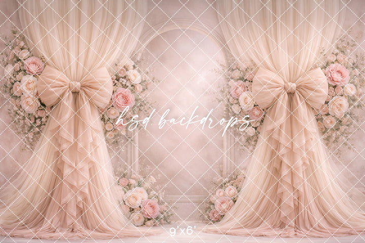 Dusty Blush Rose Bow Photography Backdrop – Romantic Neutral Floral Arch Portrait Design | HSD Backdrops