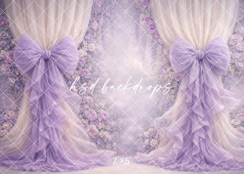 Lavender lilac rose bow photography backdrop with romantic floral arch and flowing draped curtains for elegant portrait sessions.