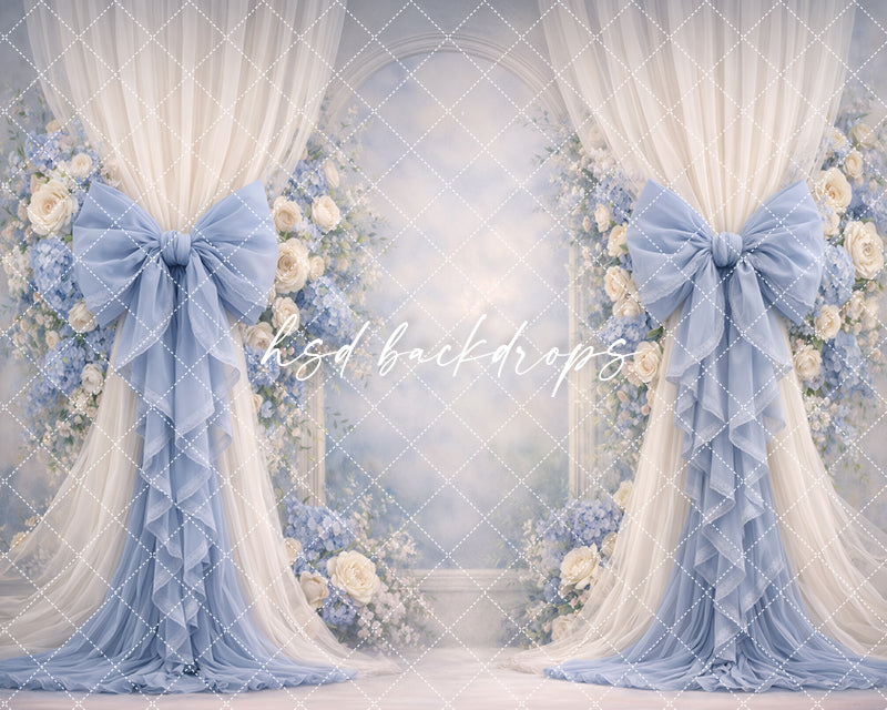 Soft Blue Rose Bow Photography Backdrop – Elegant Floral Arch Portrait Design | HSD Backdrops