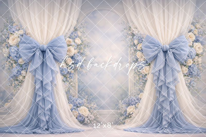 Soft Blue Rose Bow Photography Backdrop – Elegant Floral Arch Portrait Design | HSD Backdrops