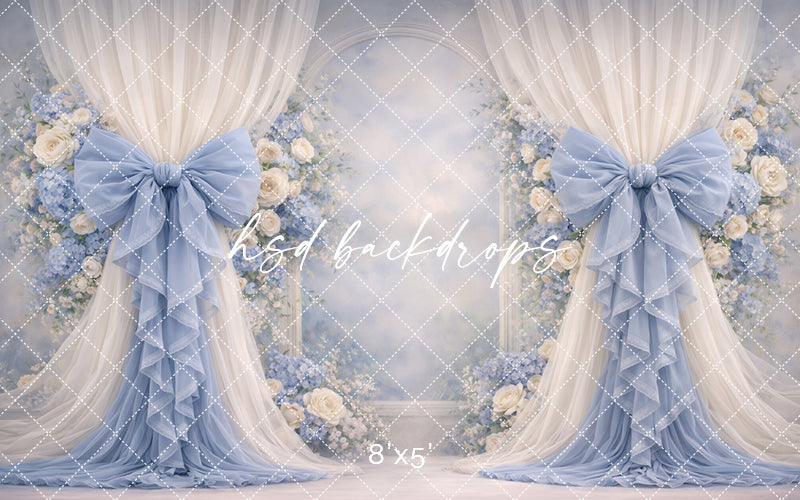 Soft Blue Rose Bow Photography Backdrop – Elegant Floral Arch Portrait Design | HSD Backdrops