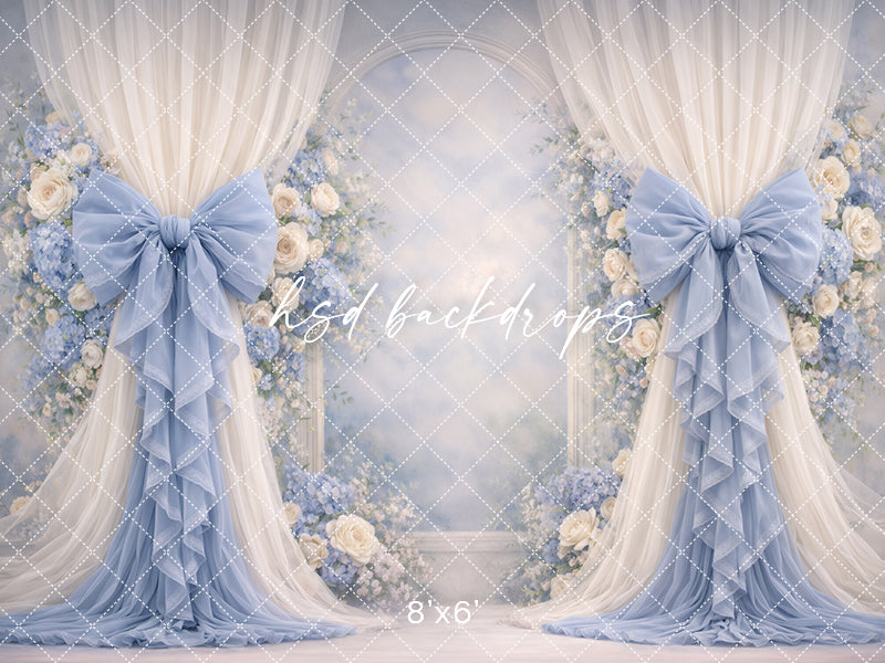 Soft Blue Rose Bow Photography Backdrop – Elegant Floral Arch Portrait Design | HSD Backdrops