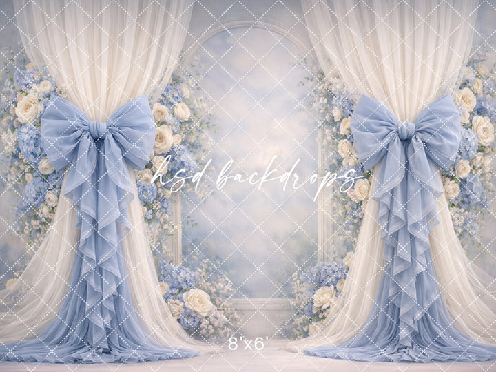 Soft Blue Rose Bow Photography Backdrop – Elegant Floral Arch Portrait Design | HSD Backdrops