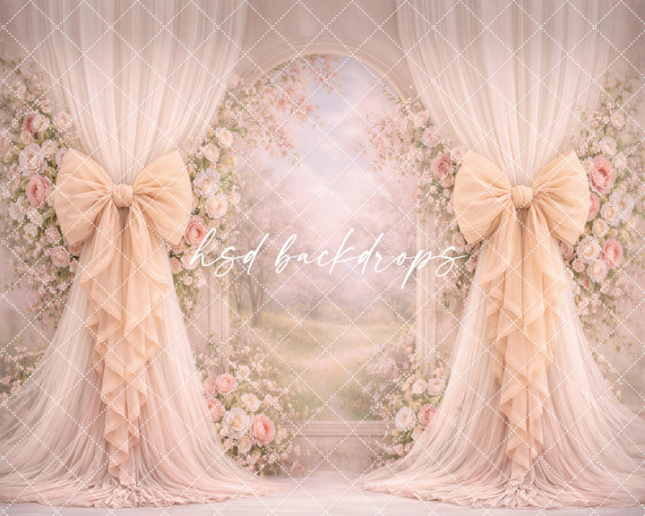 Warm Blush Floral Arch Bow Photography Backdrop – Elegant Garden Portrait Scene | HSD Backdrops