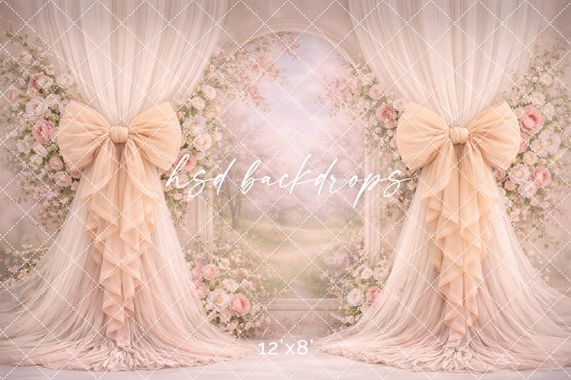 Warm Blush Floral Arch Bow Photography Backdrop – Elegant Garden Portrait Scene | HSD Backdrops