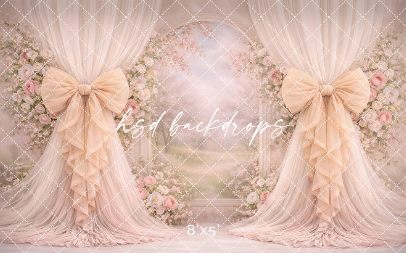 Warm Blush Floral Arch Bow Photography Backdrop – Elegant Garden Portrait Scene | HSD Backdrops