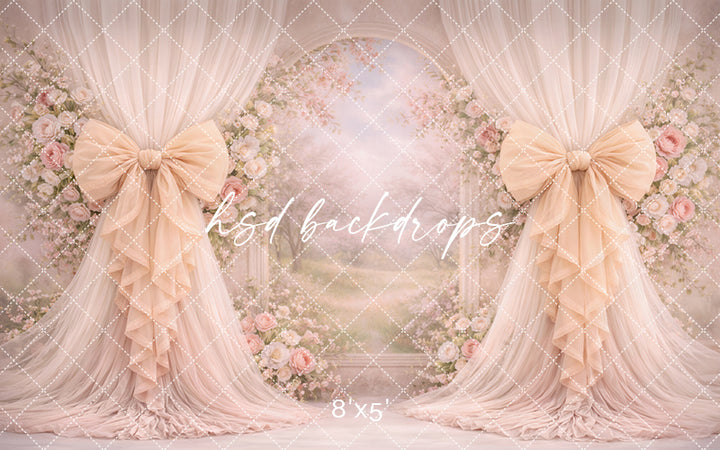 Warm Blush Floral Arch Bow Photography Backdrop – Elegant Garden Portrait Scene | HSD Backdrops