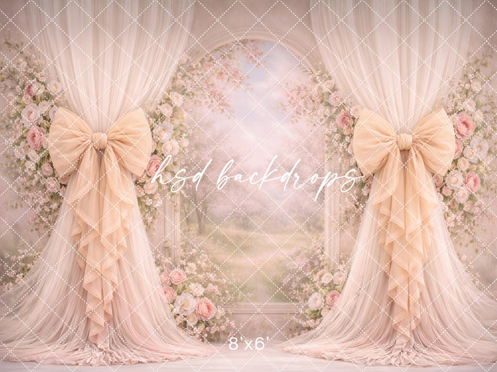 Warm Blush Floral Arch Bow Photography Backdrop – Elegant Garden Portrait Scene | HSD Backdrops
