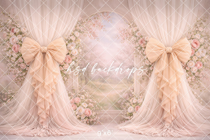 Warm Blush Floral Arch Bow Photography Backdrop – Elegant Garden Portrait Scene | HSD Backdrops