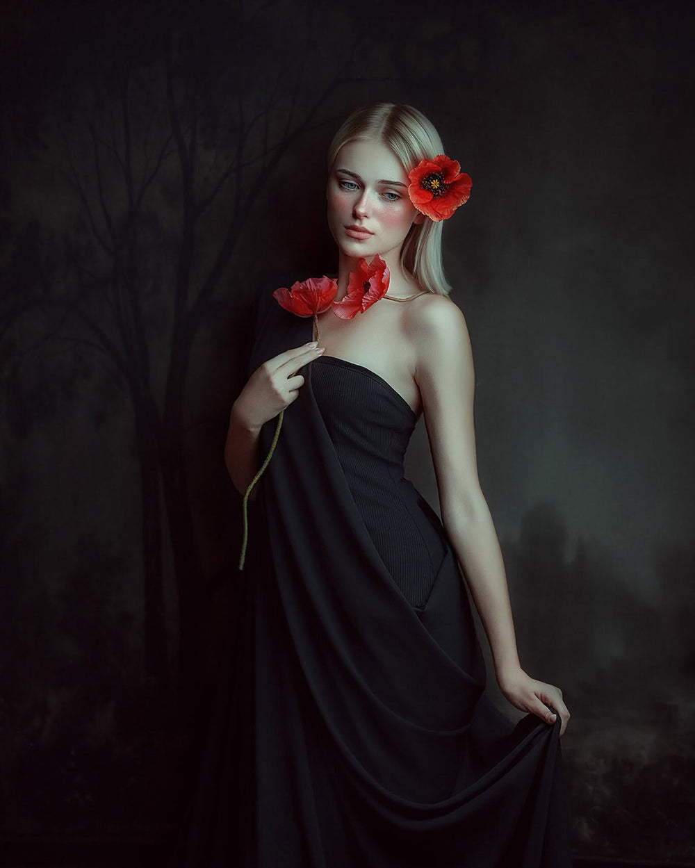 Moody charcoal woodland fine art photography backdrop with shadowed trees, smoky gray tones, soft atmospheric depth, and dramatic painterly portrait styling.