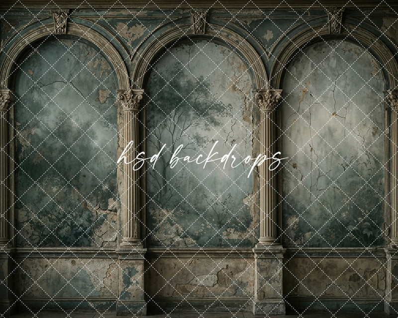 Gothic forest arch photography backdrop with weathered stone arches, dark woodland mural, cracked plaster details, gray-green tones, and dramatic fine art styling.