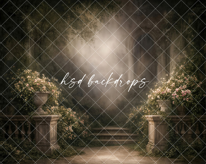 Moody garden arch photography backdrop with dark woodland tones, stone stairway, soft glowing light, floral urns, and romantic fine art styling for dramatic portraits.