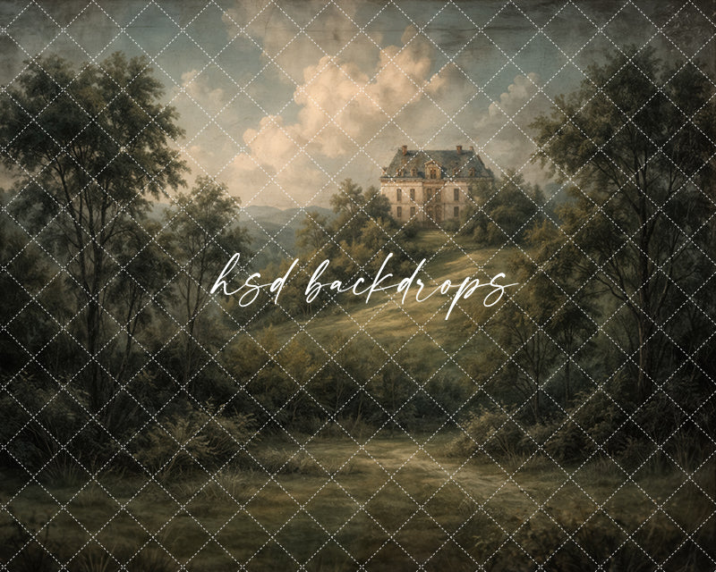 Moody manor path photography backdrop with dark countryside trees, painterly rolling hills, dramatic clouds, and a distant estate for fine art portrait sessions.