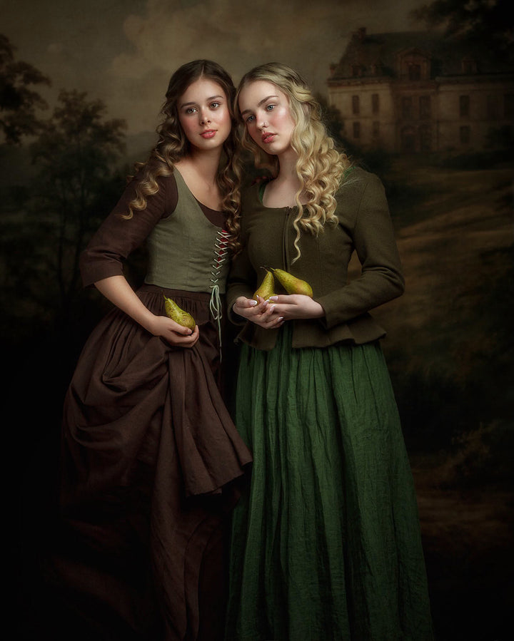Moody country estate fine art photography backdrop with a distant manor house, shadowed trees, rolling landscape, muted olive and brown tones, and painterly old-world portrait styling.