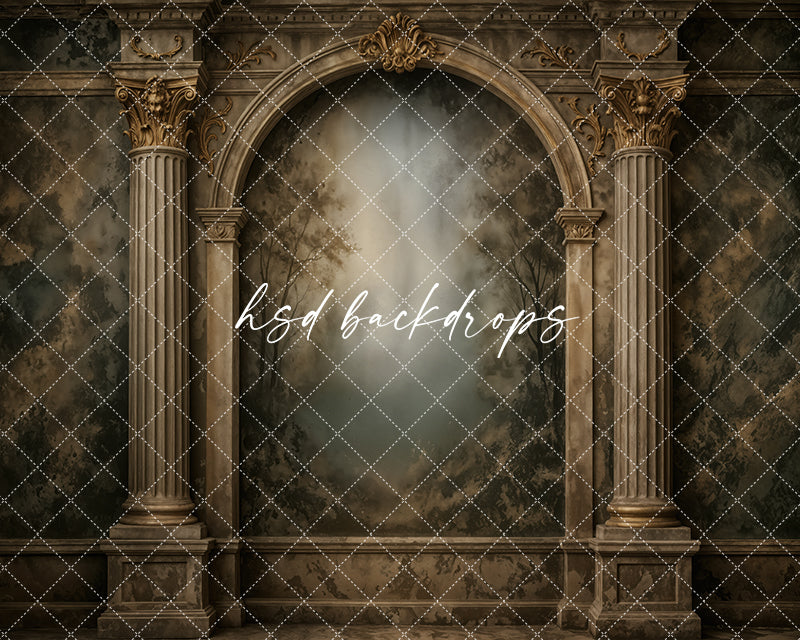 Dark manor arch photography backdrop with ornate stone columns, gothic architectural details, aged plaster texture, shadowed woodland artwork, and moody fine art styling.