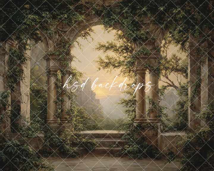 Ivy covered ruins photography backdrop with aged stone arches, climbing greenery, soft golden light, painterly garden details, and elegant fine art studio styling.