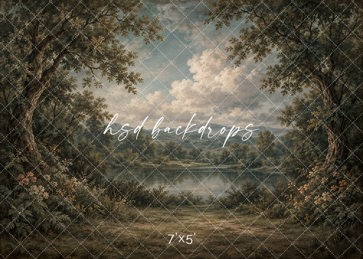Misty Woodland Lake photography backdrop with a serene forest lake, mature trees, soft greenery, water reflections, and a fine art outdoor portrait scene.