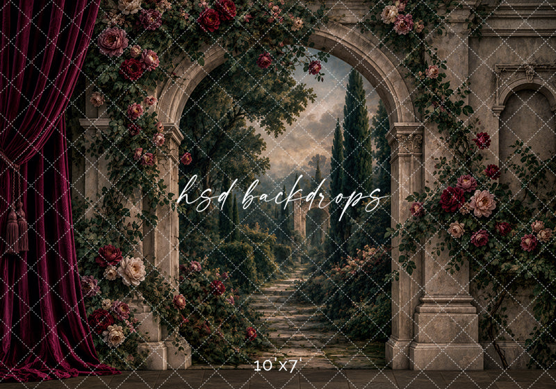 Renaissance Rose Garden Photography Backdrop – Romantic Stone Arch Portrait Scene | HSD Backdrops