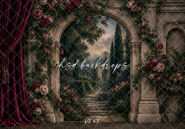 Renaissance Rose Garden Photography Backdrop – Romantic Stone Arch Portrait Scene | HSD Backdrops