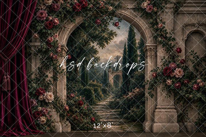Renaissance Rose Garden Photography Backdrop – Romantic Stone Arch Portrait Scene | HSD Backdrops