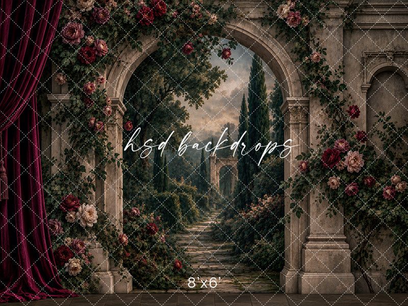 Renaissance Rose Garden Photography Backdrop – Romantic Stone Arch Portrait Scene | HSD Backdrops